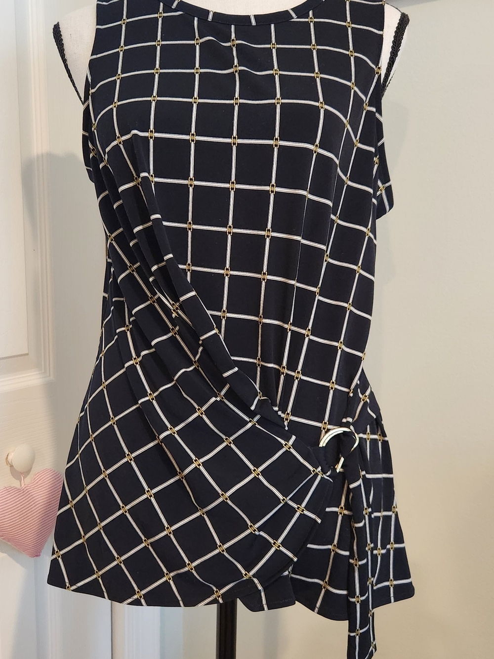 Michael Kors Navy Grid-Print Sleeveless Tie-Waist Blouse